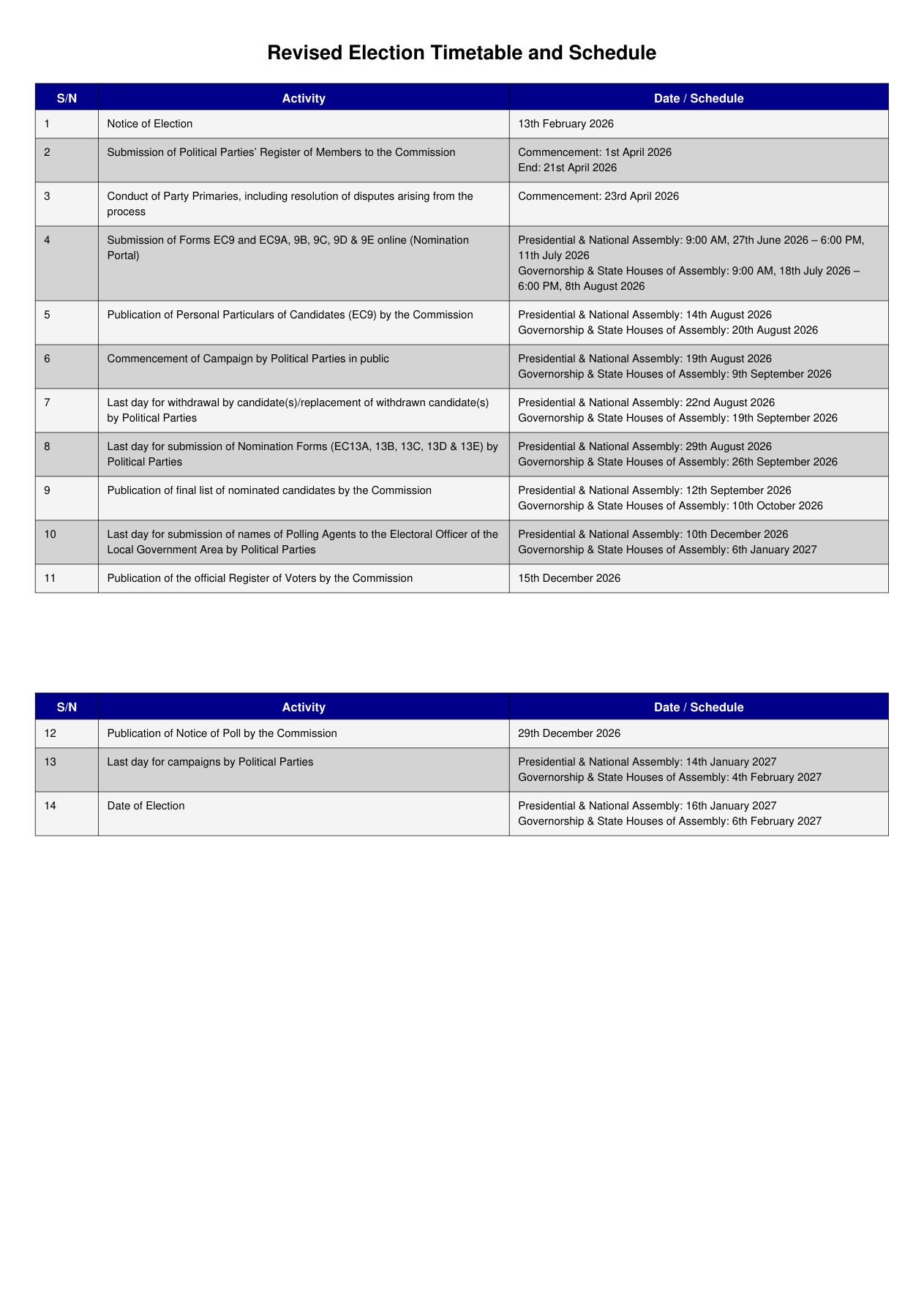 revised election timetable full