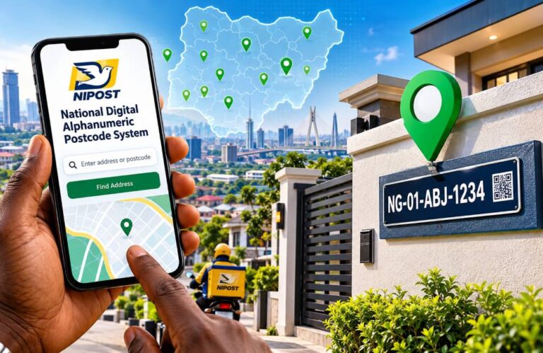 Smartphone displaying NIPOST digital postcode system app in Nigeria.
