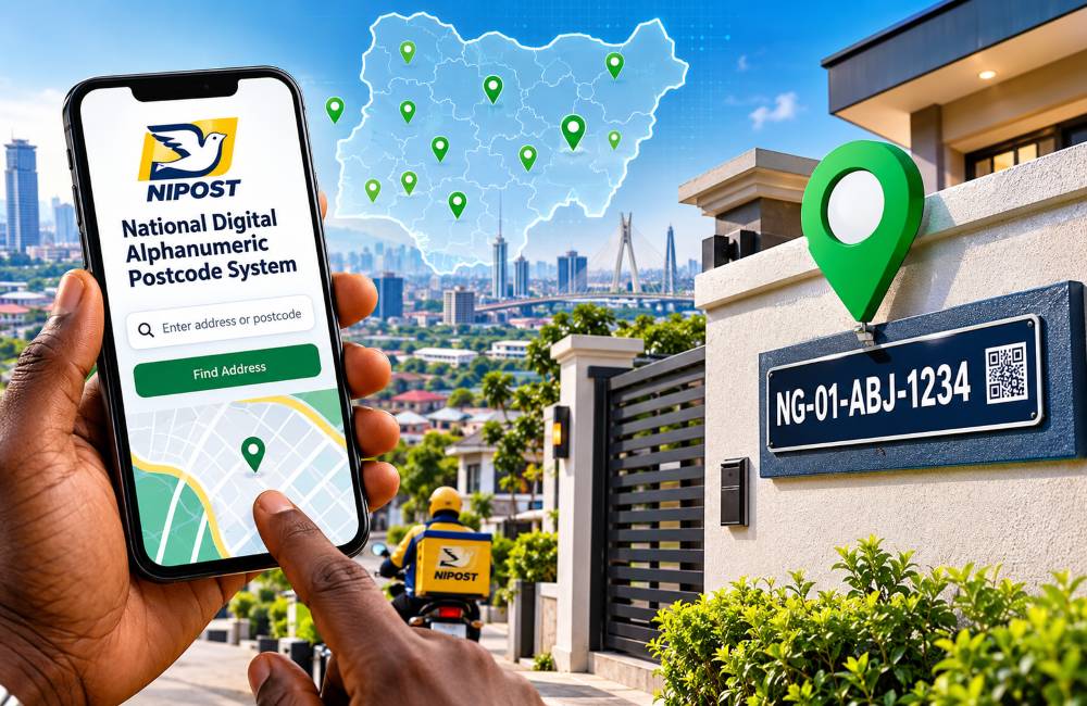 Smartphone displaying NIPOST digital postcode system app in Nigeria.