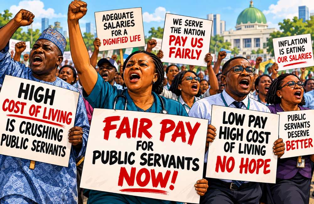 Diverse public servants protesting for fair pay and better living.