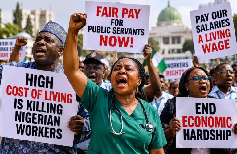 Nigerian protesters demanding fair pay and economic relief.