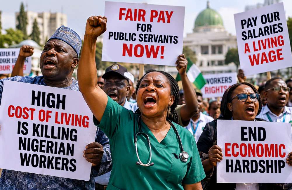 Nigerian protesters demanding fair pay and economic relief.