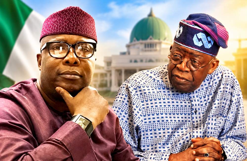 President Bola Tinubu and another man before the Nigerian National Assembly.
