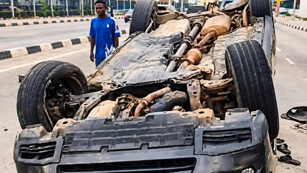 Overturned car on a city street with its undercarriage exposed.