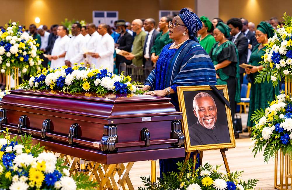 A woman stands solemnly by a casket and memorial portrait.