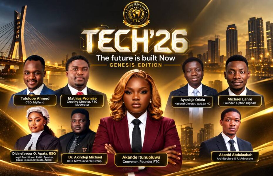 Promotional poster for TECH'26 event featuring diverse industry leaders.