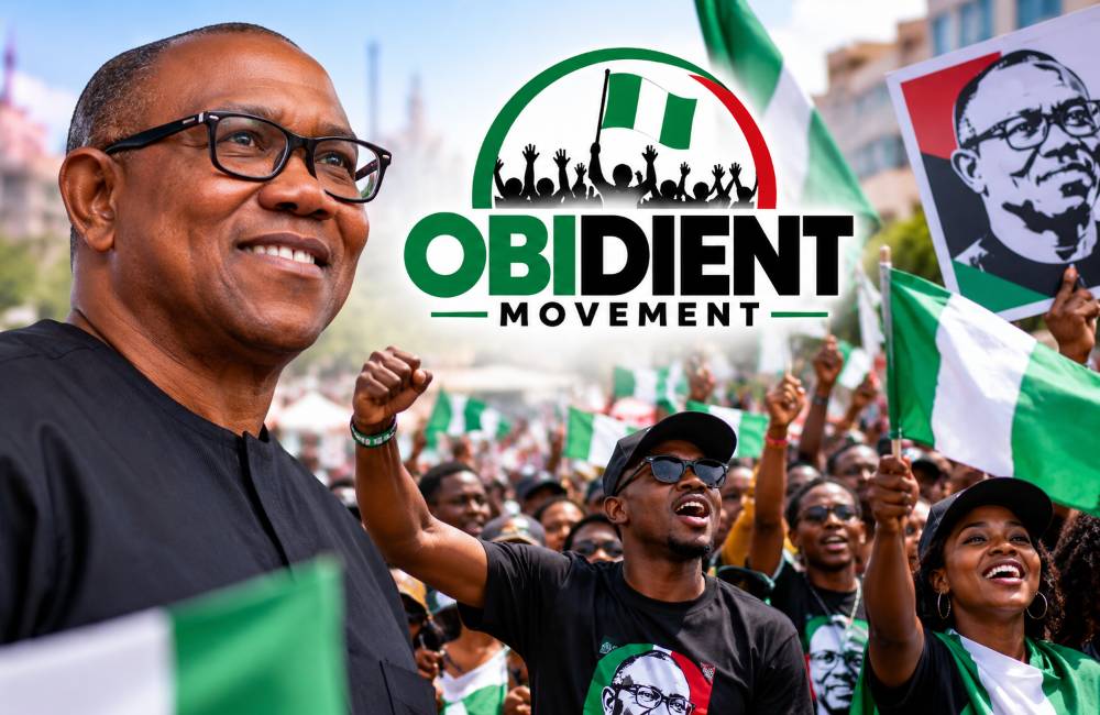 Portrait of Peter Obi with crowd and Obidient Movement logo.