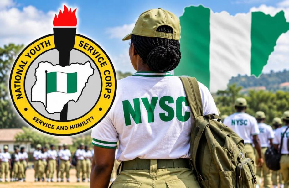 Female NYSC member in uniform with logo and Nigerian map.