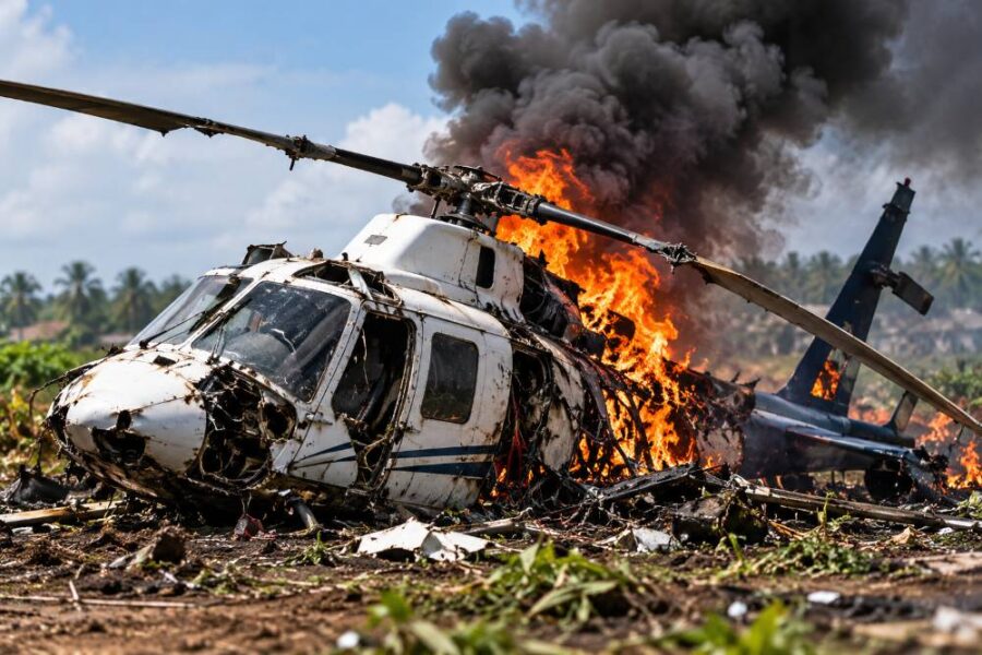 Crashed white helicopter engulfed in flames with thick black smoke.
