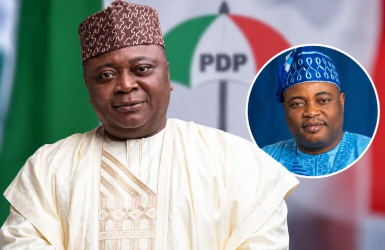Portrait of Ladi Adebutu with PDP party logo background.