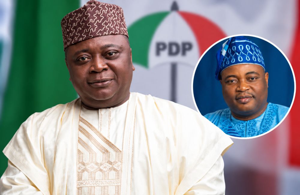 Portrait of Ladi Adebutu with PDP party logo background.