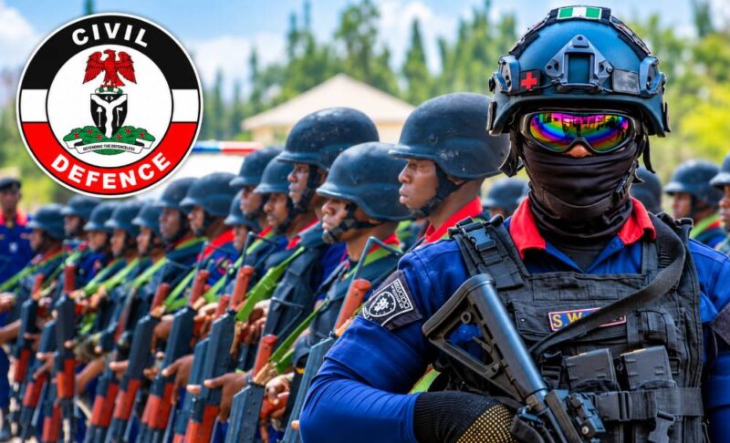 Nigerian Civil Defence officers in tactical gear standing in line.