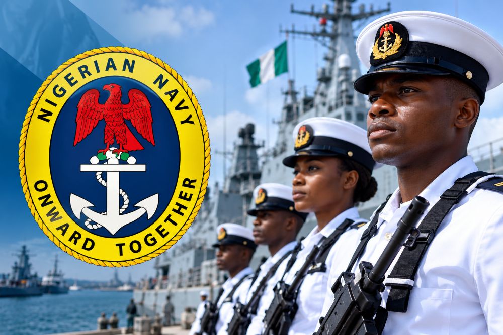 Nigerian Navy officers standing in formation on a naval ship.