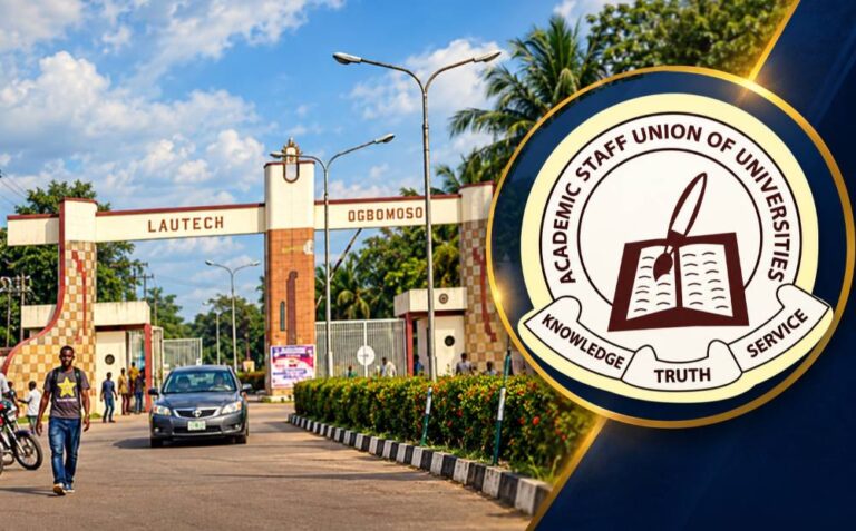 ASUU logo overlaid on LAUTECH Ogbomoso university entrance gate.