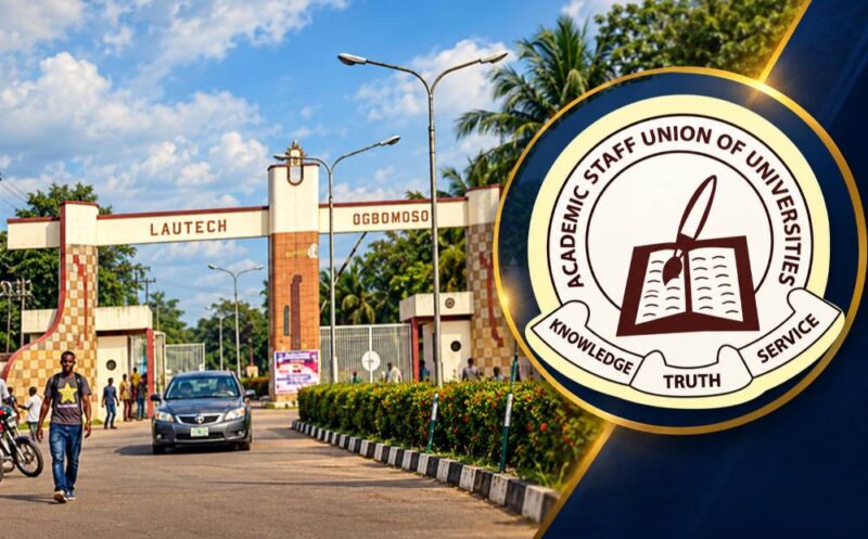 ASUU logo overlaid on LAUTECH Ogbomoso university entrance gate.